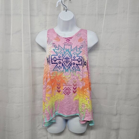 No Boundaries Tops - Rainbow Aztec Tropical Knit Tank Top Colorful Beach Island Vacation L